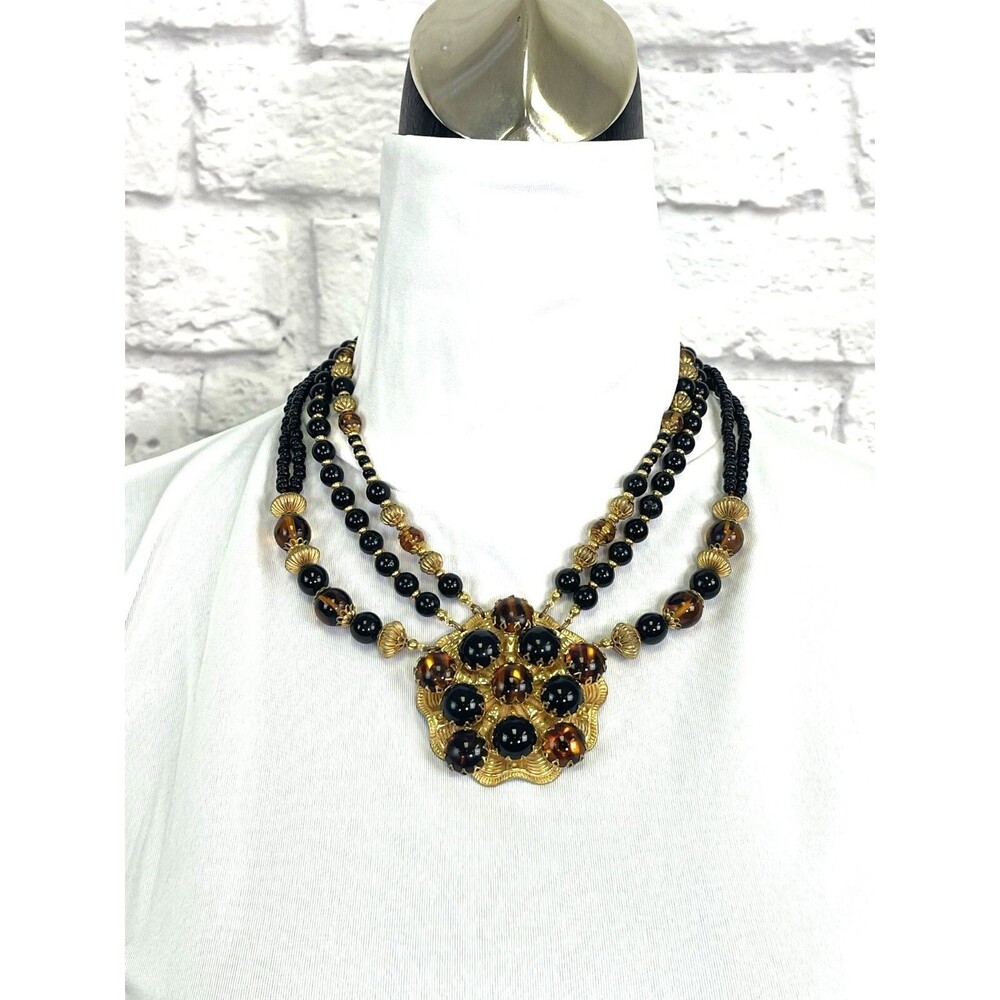 Vintage Miriam Haskell Amber and Onyx Three Strand Pendant Necklace